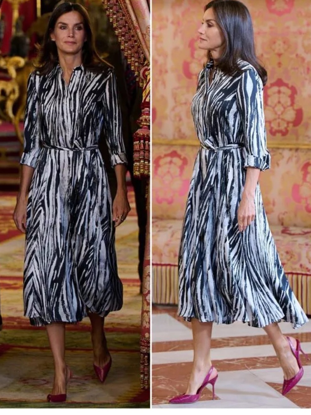 Hugo Boss Dainmala Abstract Zebra Print Dress Black White Belted Midi Celebrity